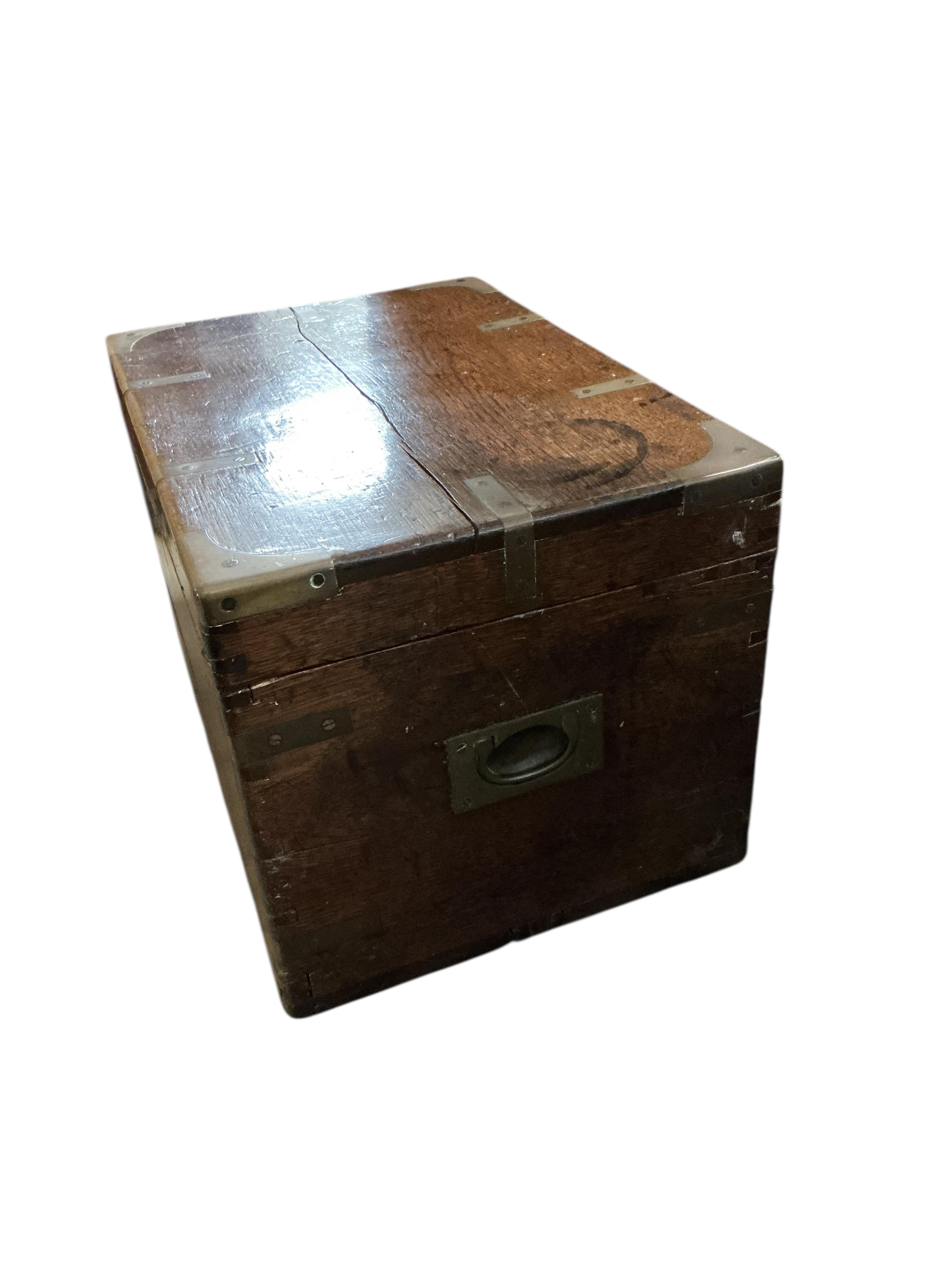 A small 19th century brass mounted oak strong box, width 50cm, depth 34cm, height 32cm